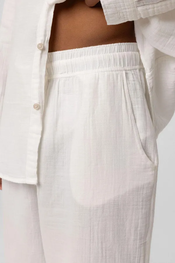 Baggy Fit Müslin Keten Pantolon Ekru