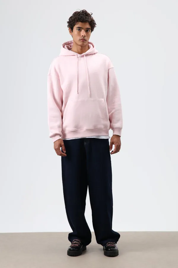 Basic Oversize Yıkamalı Hoodie Pembe