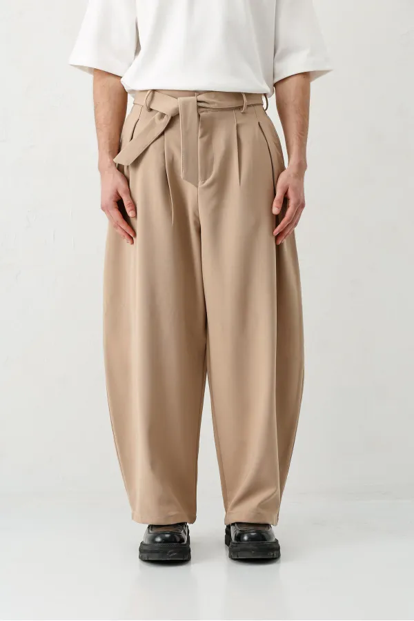 Barrel Fit Tailored Fit Kemerli Pantolon Bej