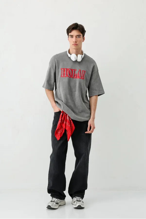 Yıkamalı Baskılı Oversize Tişört Füme