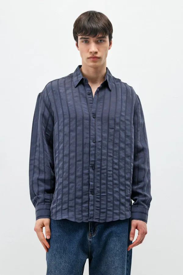 Çizgili Oversize Gömlek Lacivert