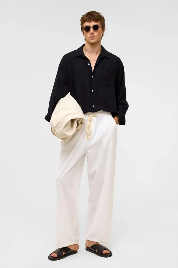 Oversize Çizgili Uzun Kollu Keten Gömlek Siyah