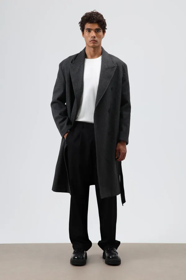 Oversize Kruvaze Kaşe Kaban Antrasit