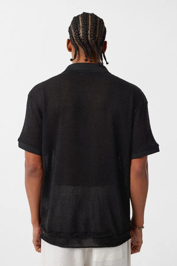 Polo Yaka Triko Oversize Tişört Siyah