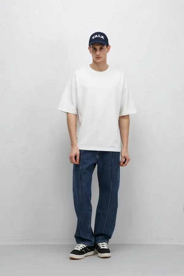 Dikiş Detaylı Relaxed Fit Jean Mavi