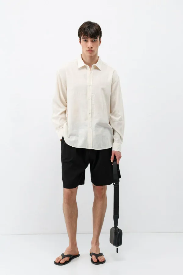 Dokulu Keten Görünümlü Oversize Gömlek Naturel