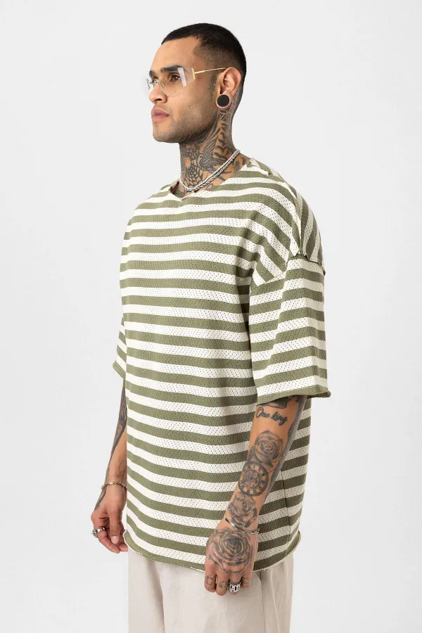 T-shirt rayé oversize en maille kaki