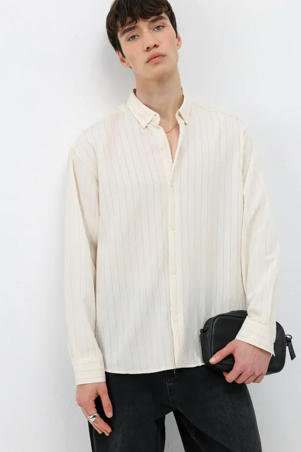 Çizgili Oversize Gömlek Krem