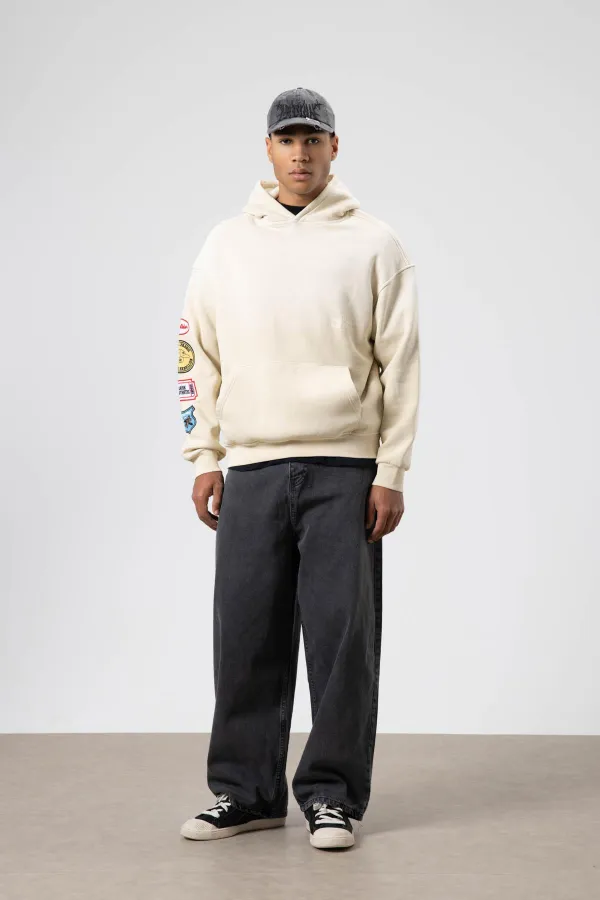 Oversize Baskılı Kapüşonlu Sweatshirt Bej