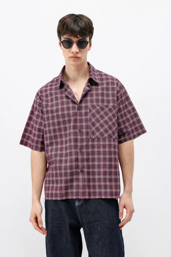 Checked Short-Sleeved Oversize Shirt, Burgundy
