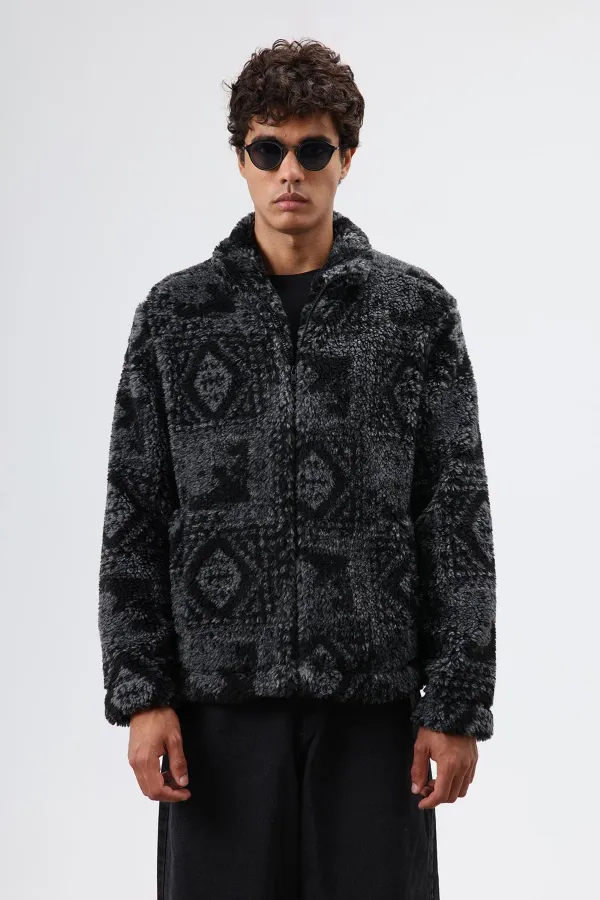 Oversize Peluş Mont Siyah