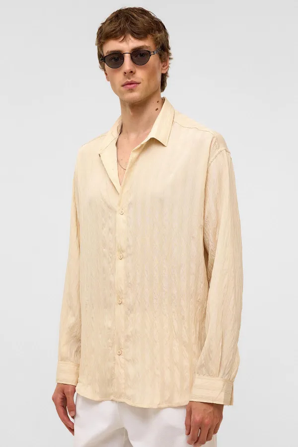 Oversize Long-Sleeve Modal Fabric Shirt, Beige