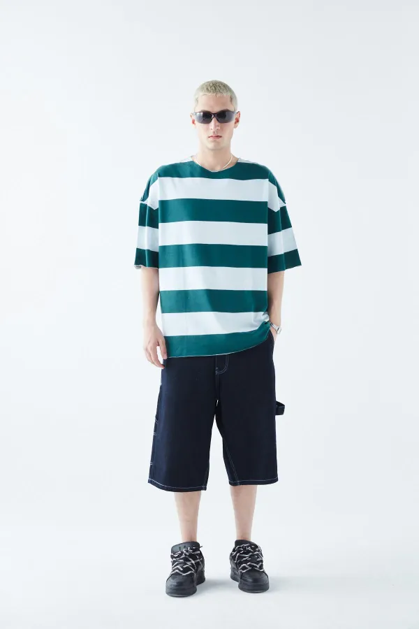 Dijital Baskılı Şeritli %100 Pamuk Oversize Tişört Petrol