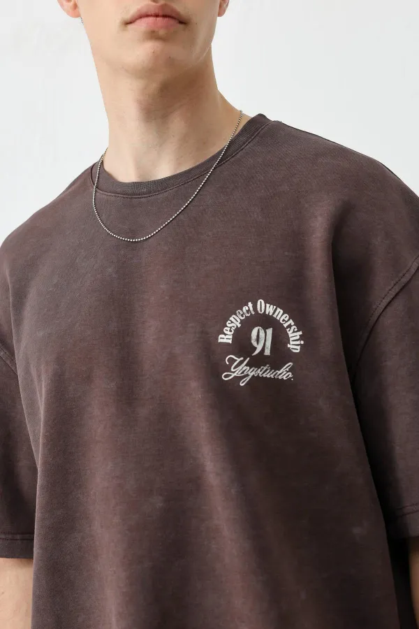 Kısa Kollu Boxy Fit Baskılı Tişört Kahve