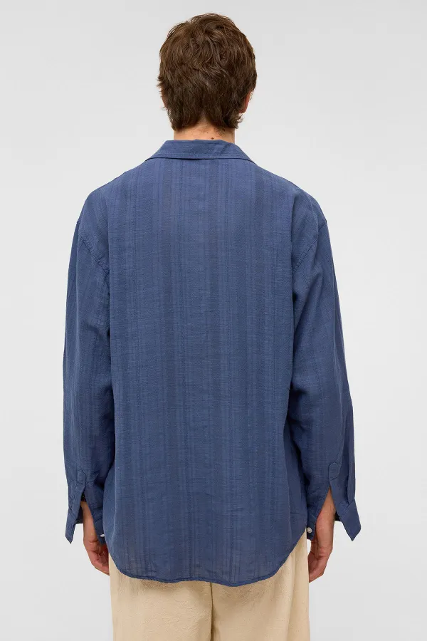 Oversize Çizgili Uzun Kollu Keten Gömlek Lacivert