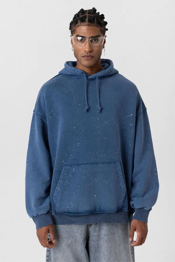 Premıum Yıkamalı Kapüşonlu Oversize Sweatshirt Koyu İndigo