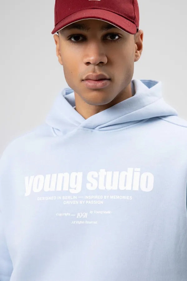 Oversize Baskılı Kapüşonlu Sweatshirt Bebe Mavi