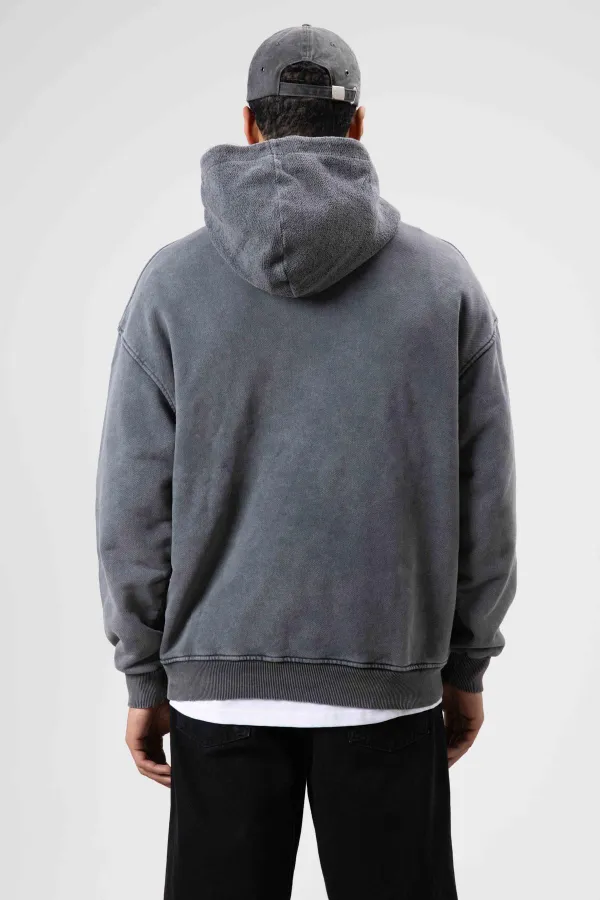 Oversize Washed Print Hooded Sweatshirt Black