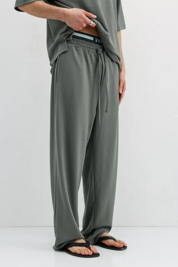 Fitilli Dokulu Baggy Eşofman Alt Haki