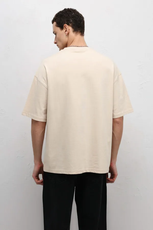 Basic Oversize Bisiklet Yaka Tişört Bej