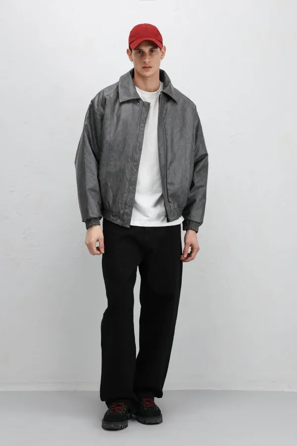 Oversize Deri Bomber Ceket Gri