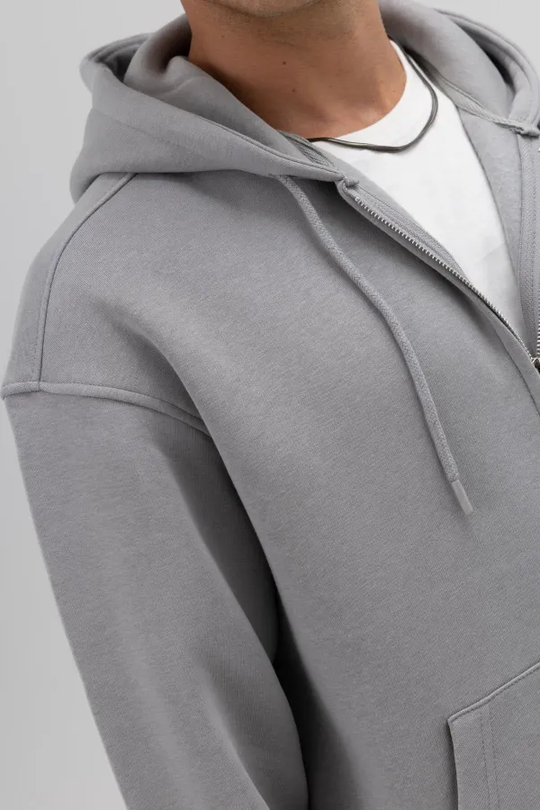 Basic Zip-Up Oversize Hooded Sweatshirt Grey