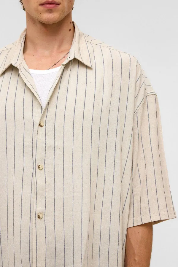 Oversize Çizgili Kısa Kollu Keten Gömlek İndigo