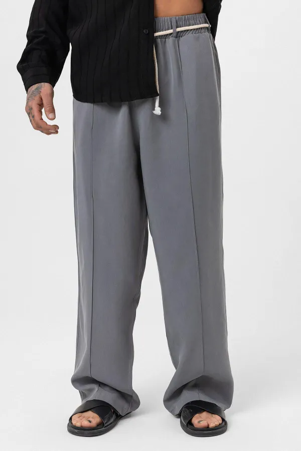 Kemer Detaylı Baggy Lyocell Pantolon Gri