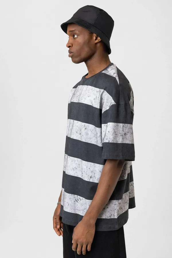 Yıkamalı Şeritli Oversize Tişört Gri - Beyaz