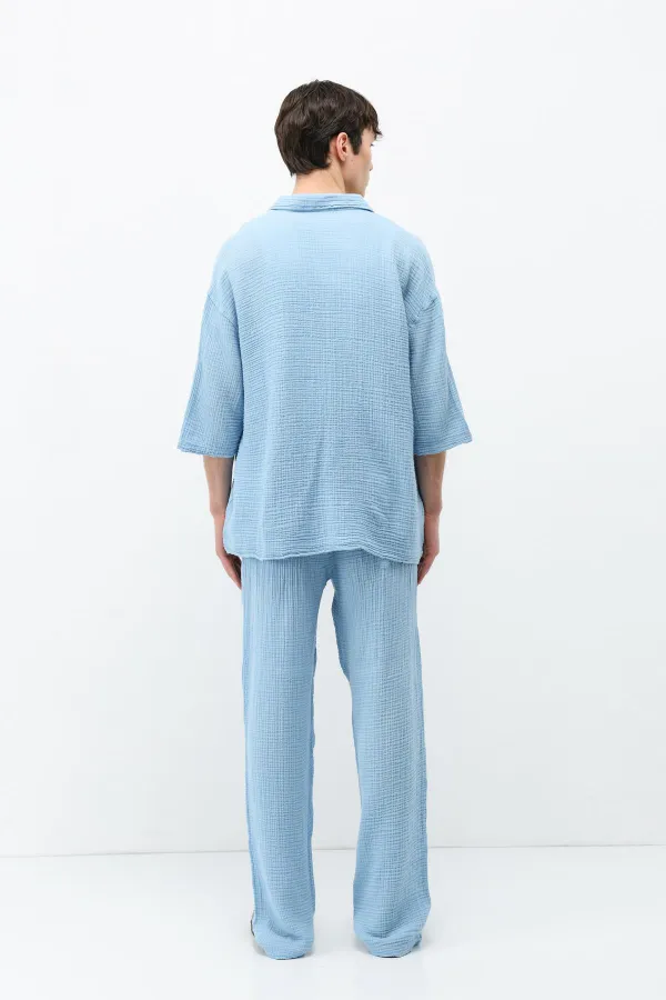 Müslin Kumaş Rahat Kalıp Keten Takım Bebe Mavi