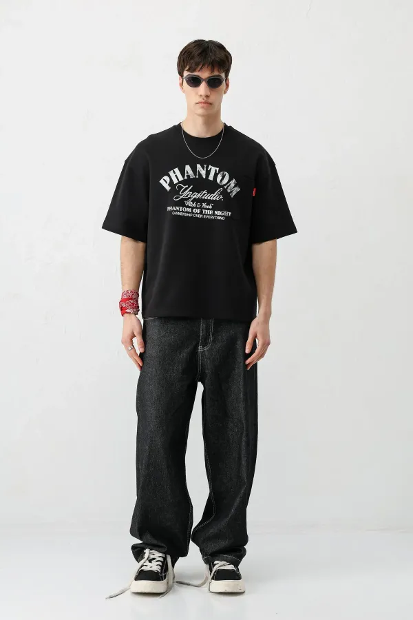 Kısa Kollu Boxy Fit Baskılı Tişört Siyah