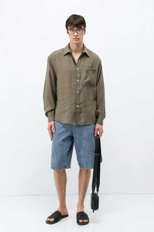 Modal Fabric Oversize Shirt with Pockets, Khaki