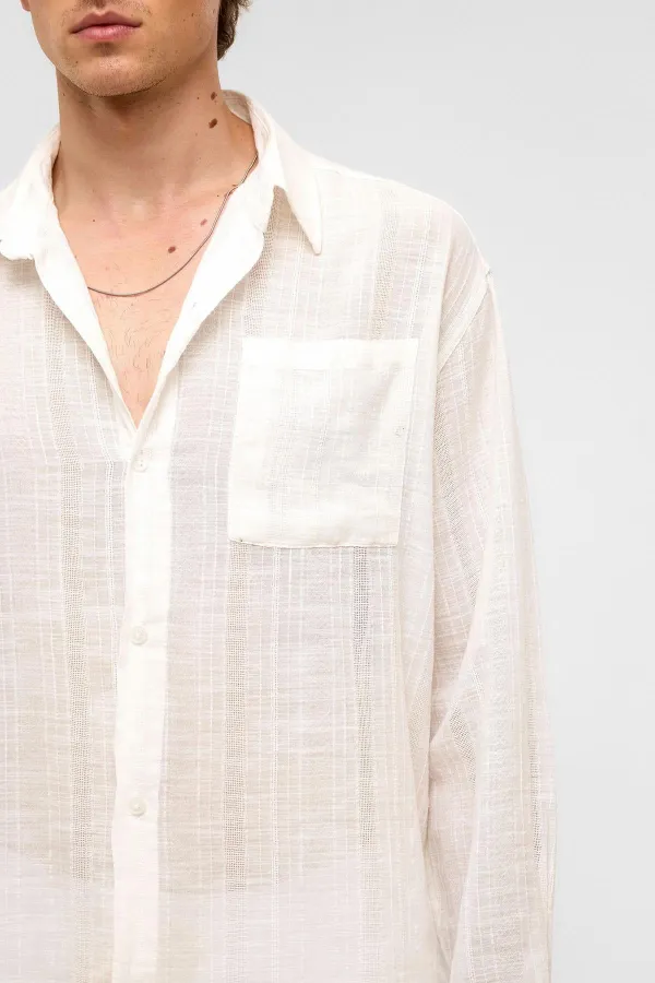 Oversize Çizgili Uzun Kollu Keten Gömlek Ekru