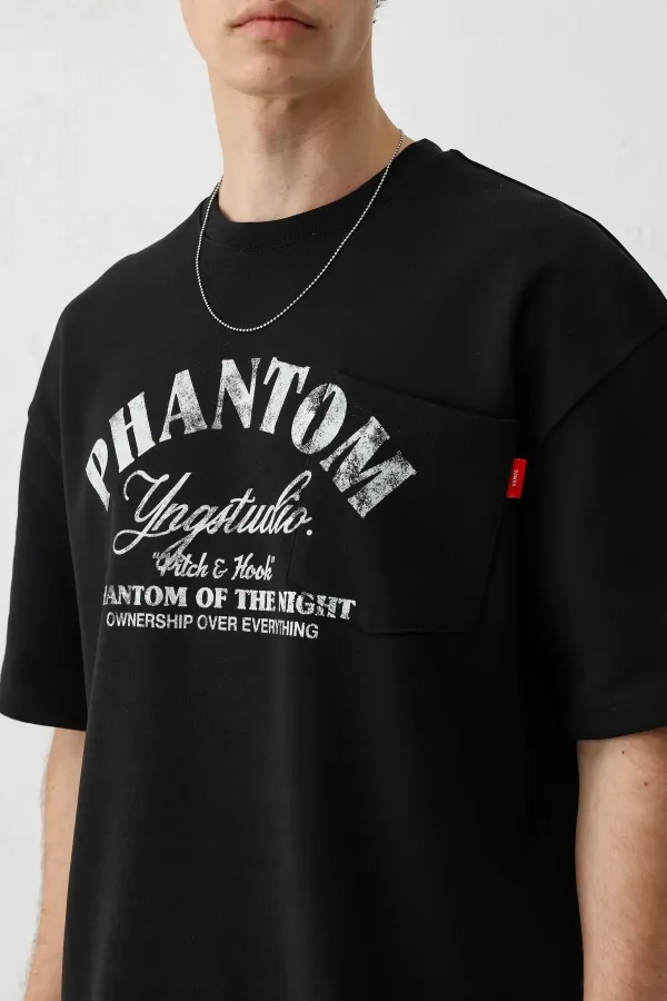 Kısa Kollu Boxy Fit Baskılı Tişört Siyah