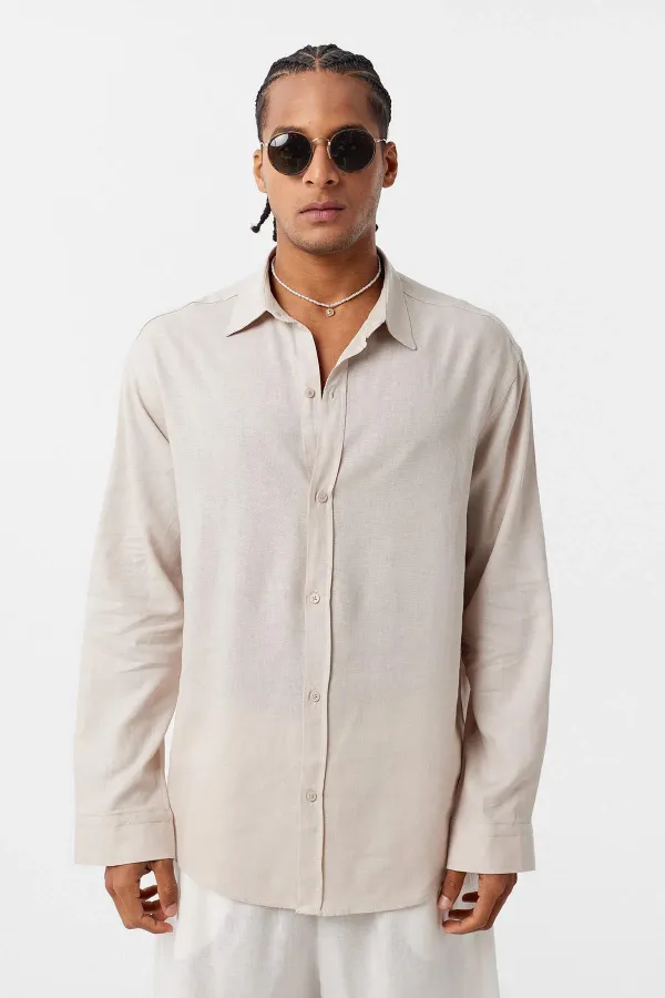 Basic Oversize Uzun Kollu Keten Gömlek Bej