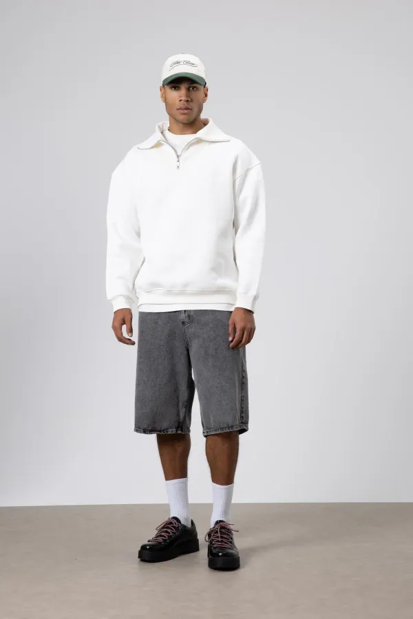 Sweat-shirt basique à fermeture éclair et col montant, écru