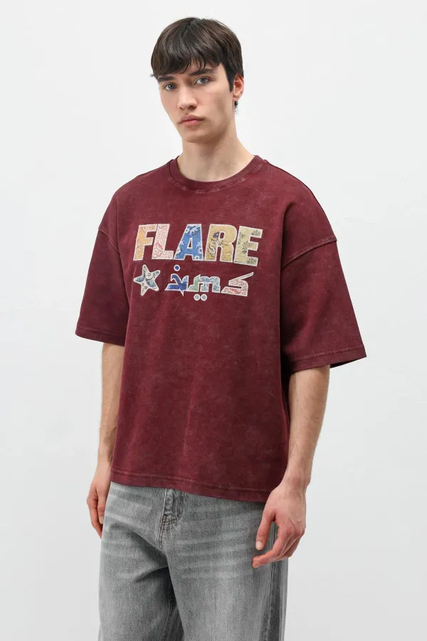 Baskılı Oversize Tişört Bordo