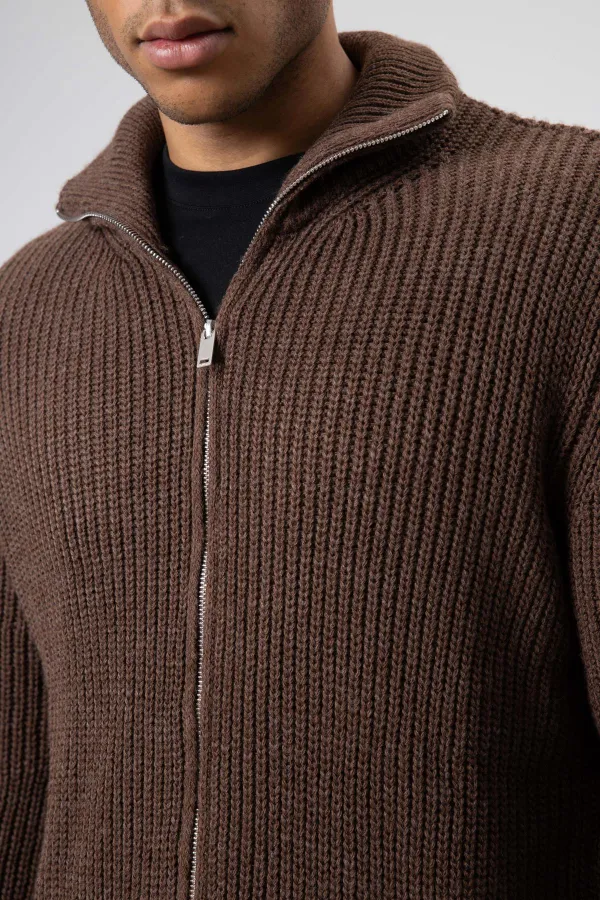 Oversize Zip-Up Knit Cardigan, Mink Color