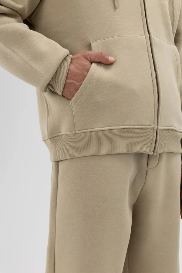 Sweat-shirt à capuche basique oversize zippé kaki