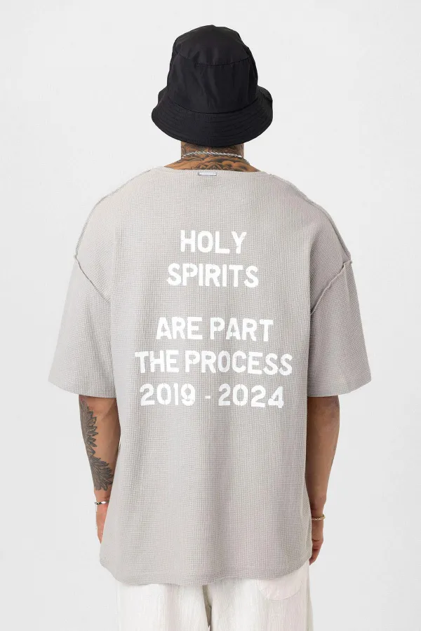 Arka Yazı Baskılı Oversize Triko Tişört Gri