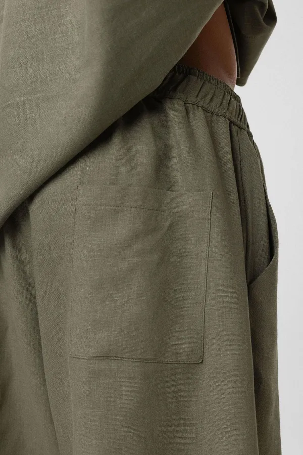 Oversize Keten Şort Haki