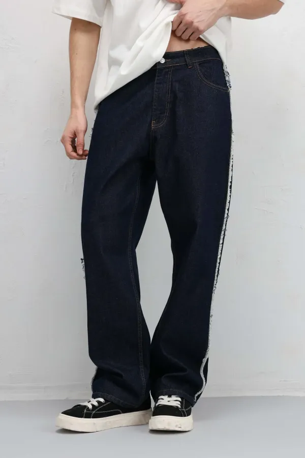 Jean ample à coutures latérales, bleu foncé
