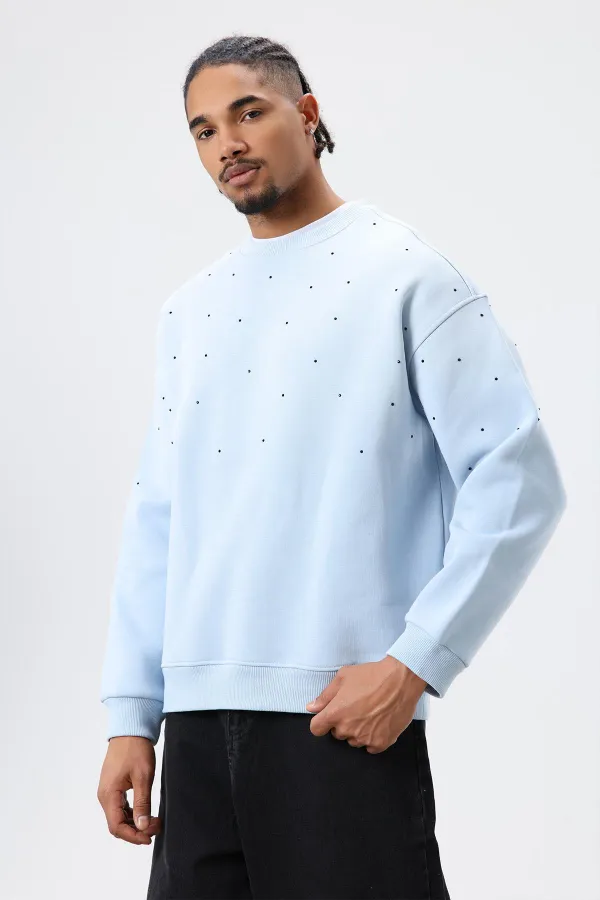 Sweat-shirt oversize bleu ciel à détails pierre délavée