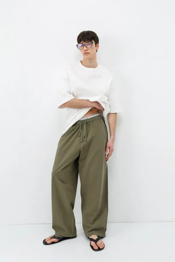 Super Baggy Fit Keten Pantolon Haki