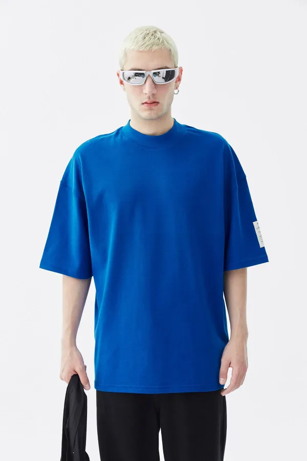 Balıkçı Yaka Etiket Detaylı Oversize Tişört - Açık Füme Saks