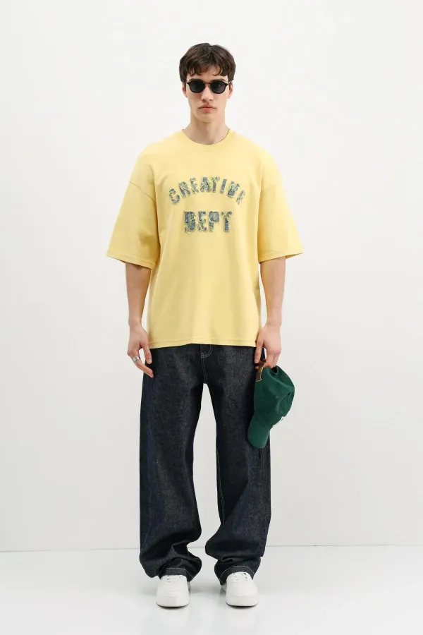 Yıkamalı Yazı Baskılı Oversize Tişört Sarı