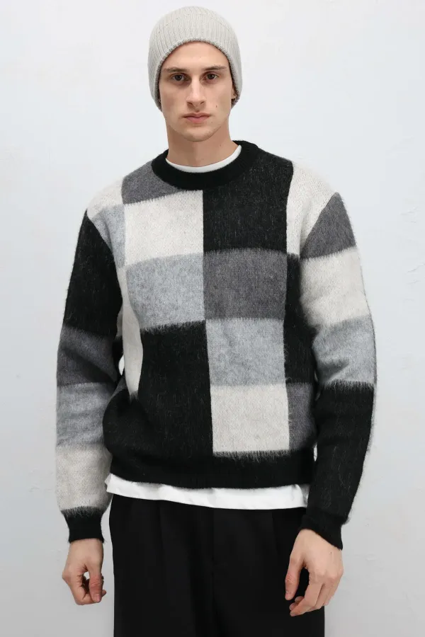 Pull oversize à carreaux en maille, noir