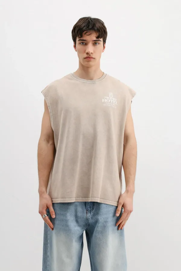 Printed Sleeveless Oversize T-Shirt Beige