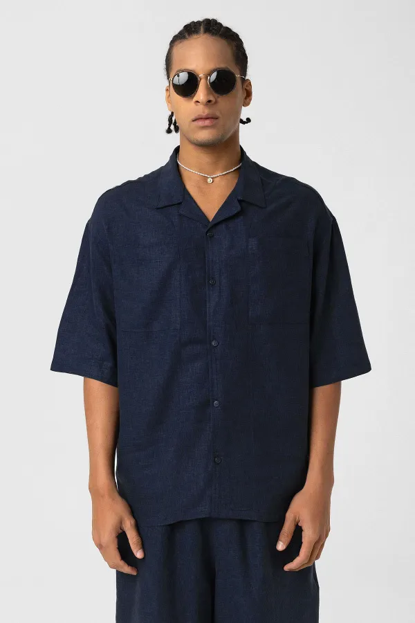 Double Pocket Oversize Linen Shirt Navy Blue