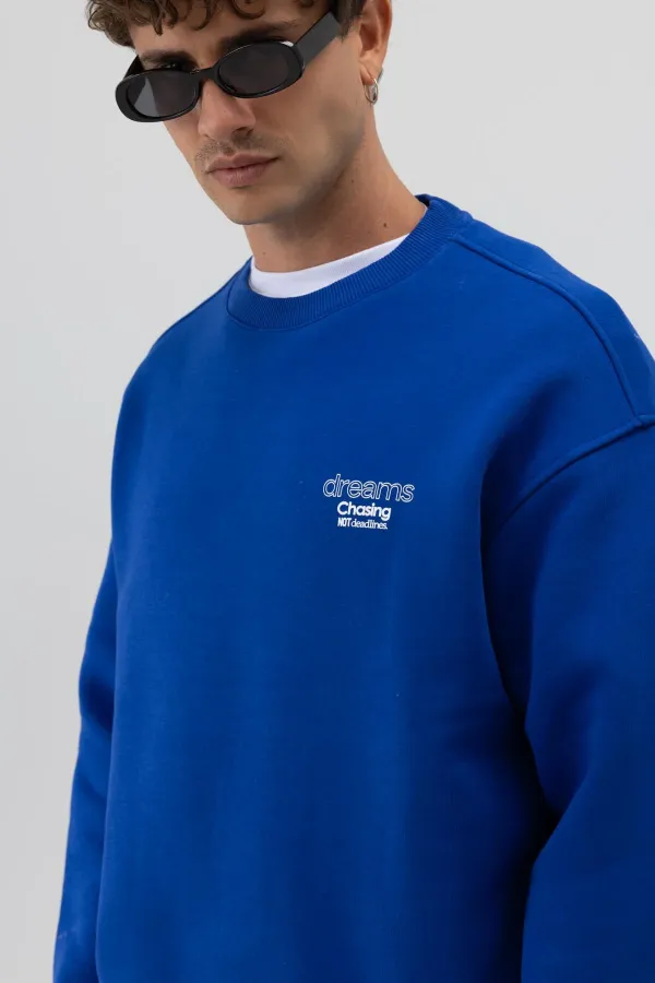 Oversize Bisiklet Yaka Baskılı Sweatshirt Saks